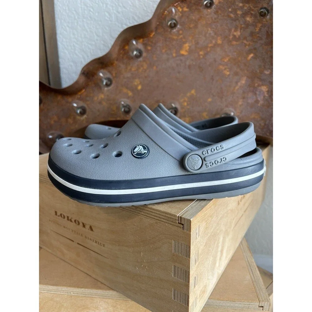 Crocs Crocband Smoke Gray Navy Clogs Water Shoes Size US 3 J3 Casual Sandals EUC